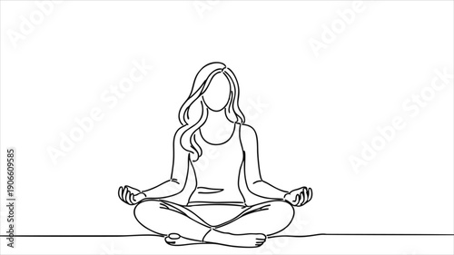 Line Drawing of Woman Sitting Cross-Legged Meditating