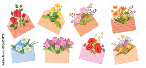 Cartoon flowers envelope. Spring flower inside paper envelopes, wildflowers tulips bouquet romantic letter mail valentine mothers woman day concept, floral neat vector illustration