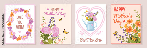 Mom day cards. Mothers day greeting card template design, spring flowers bouquet blossom flower happy mother birthday gift floral postcard typography set, neat vector illustration