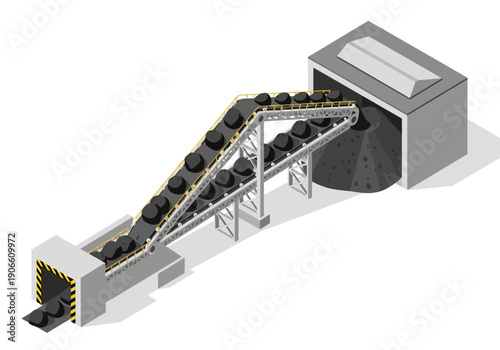 Conveyor belt system transporting a large amount of coal from an industrial mining facility