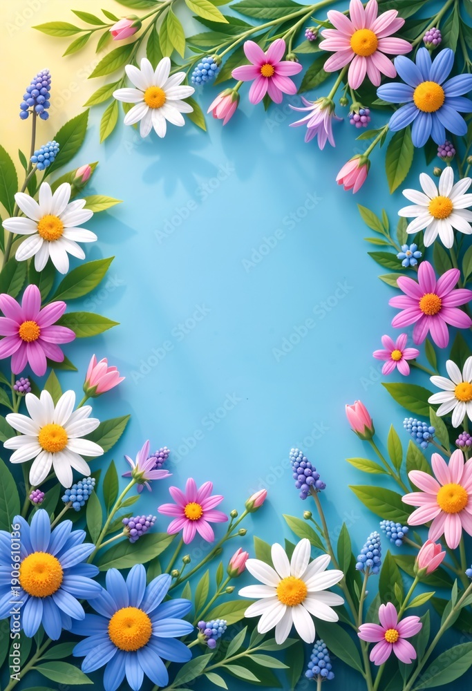 Fototapeta premium Floral frame with colorful spring flowers. Daisies and grape hyacinths on a blue surface. Mothers day or 8 march greeting card template