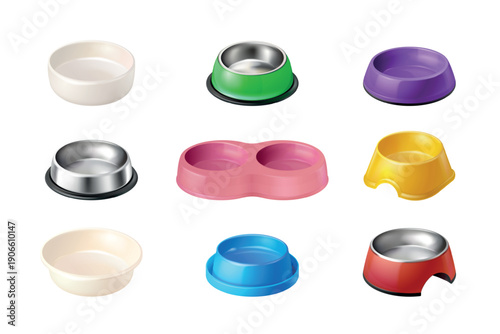 Realistic pet bowls. Metal dish ceramic bowl plastic plate for dog cat feed dry food or water, domestic animal meal container pet care shop zoo feeding, exact vector illustration