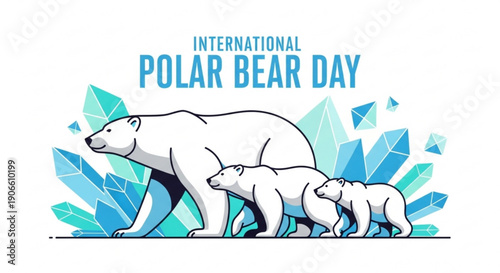 Polar bear family walking together on international polar bear day with blue crystal background