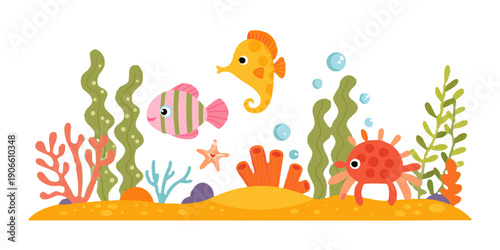 Colorful cartoon illustration depicting a vibrant underwater scene with fish