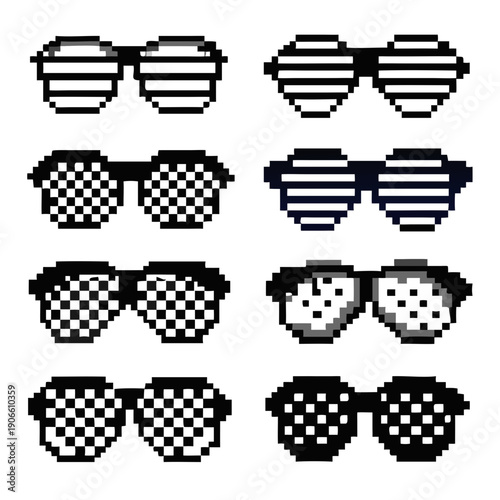 Pixelated sunglasses and a die arranged in a grid on black
