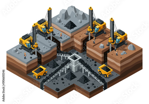 Industrial mining operation with excavators and conveyor belts extracting minerals from the earth