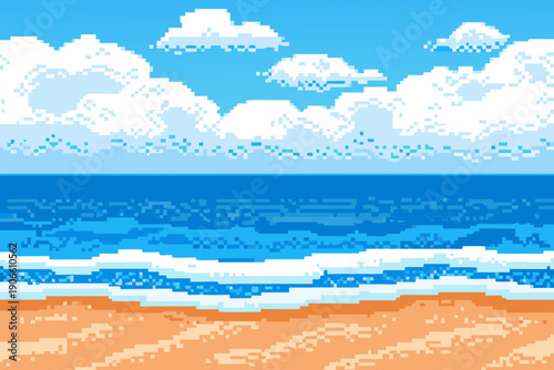 Pixelated seascape depicting a sandy beach ocean waves and a blue sky