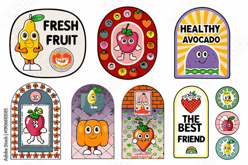 Colorful cartoon illustrations of various fruits with cheerful expressive faces