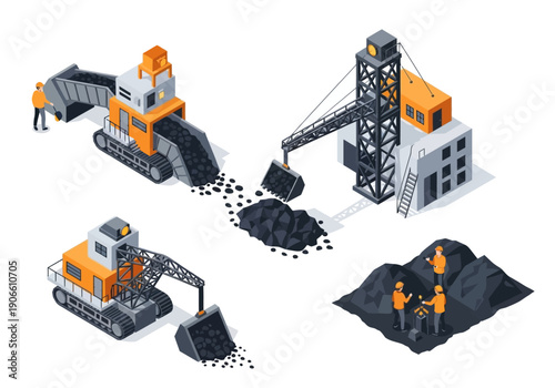 Industrial mining operations with heavy machinery and workers extracting and transporting coal