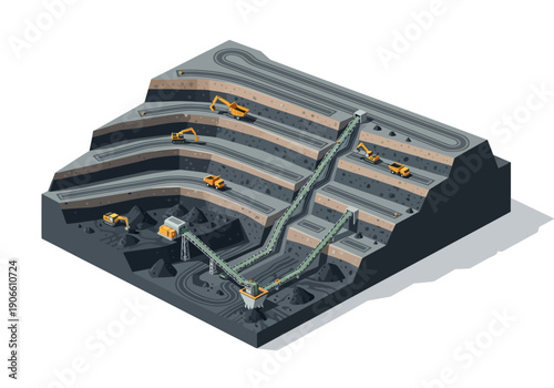 Isometric illustration of a large-scale open-pit mining operation with heavy machinery and conveyor systems
