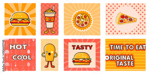 Pixelated fast food illustrations with colorful backgrounds and text overlays