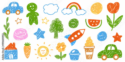 Colorful crayon drawings of various objects including flowers cars and fruits