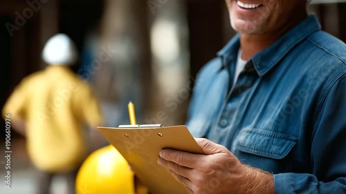 Middle-aged builder at a site, face not visible, with copy space