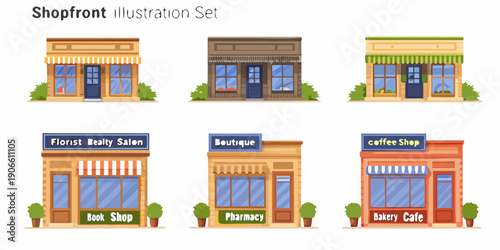Colorful shopfront illustrations depicting various small businesses and storefronts