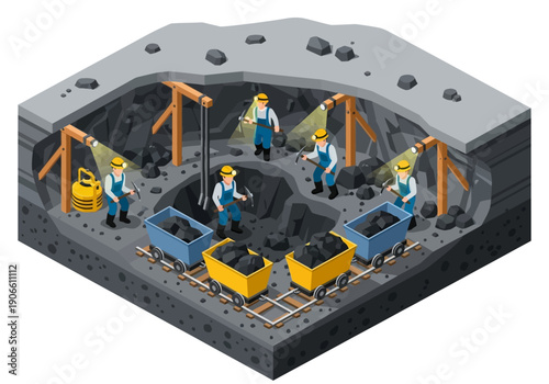 Isometric illustration of a coal mine with miners extracting coal and transporting it in carts.