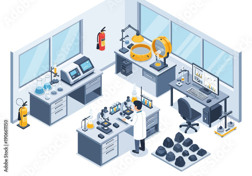 modern laboratory equipped with advanced scientific instruments and a researcher conducting experiments.