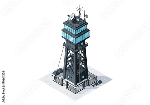 Isometric illustration of a modern air traffic control tower with a dark metallic structure and glass-enclosed control room.