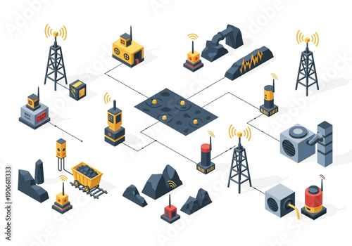 Isometric illustration of a smart mining operation with interconnected sensors, communication towers, and automated equipment.