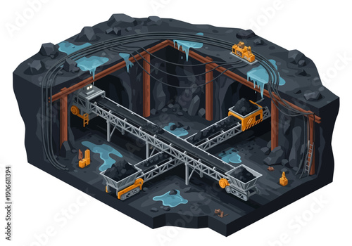 Isometric illustration of an underground coal mine with conveyor belts and mining carts transporting coal.