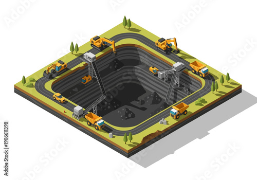 Isometric illustration of an open-pit coal mine with excavators, trucks, and mining equipment in operation.