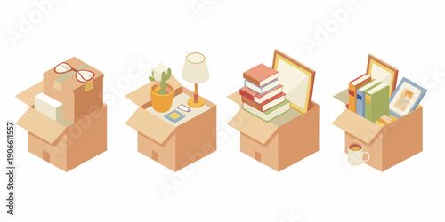 Isometric view of cardboard boxes filled with various personal belongings