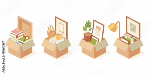 Isometric illustration of cardboard boxes filled with various household items
