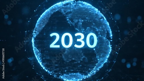 Futuristic digital globe with the year 2030 in bright text, set against a dark blue backdrop