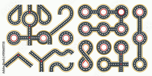 A collection of colorful cartoon road segments and intersections
