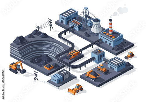 Isometric illustration of a coal mining operation, showing extraction, processing, and power generation.