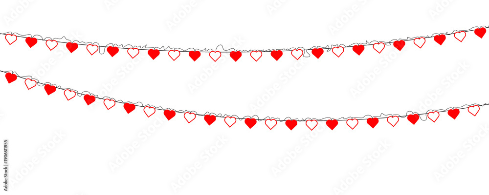 Fototapeta premium Red heart shapes forming a romantic garland that creates a seamless decorative border. Perfect for Valentine’s Day messages, party posters, wedding themes and elegant transparent vector illustrations