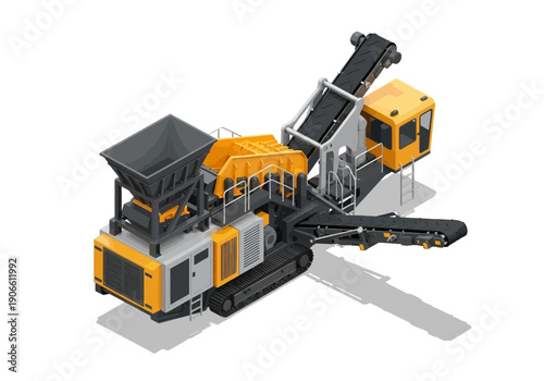 Isometric illustration of a mobile crushing and screening machine with a cabin and conveyor belts.