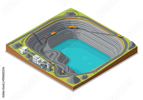 Isometric illustration of a large open-pit mine with a body of water at the bottom, surrounded by railways and mining equipment.