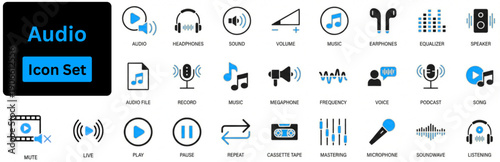 Audio solid icon set contains headphones, sound, play, push, music, volume, earphones, equalizer and speaker icons. Audio icon set 