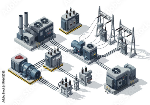 Industrial power generation and distribution system with transformers and generators
