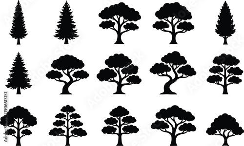 Set of vector tree silhouettes bundle of 12 different tree designs forest icons landscape elements