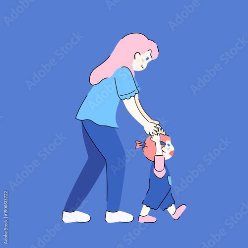 Vector of Mother Helping Baby Take First Steps Illustration for Mother’s Day design