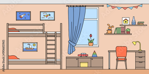 Bunk bed children room graphic color home interior sketch illustration vector