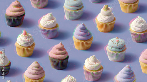 Repeating pattern of pastel cupcakes with frosting on lavender background, sweet decorative food pattern.
