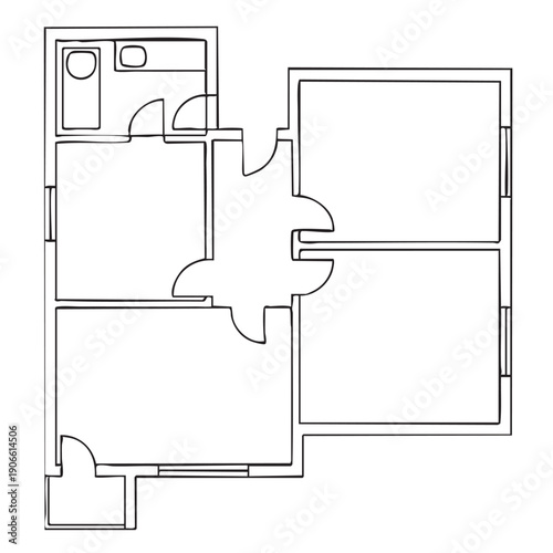 line sketch apartment with three rooms plan