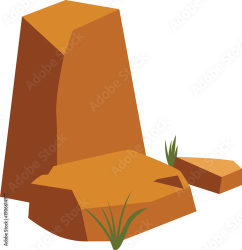 Desert rocks formation illustration with grass for background, environment landscape. Vector isolated.