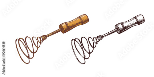 Hand drawn vintage sketch of spiral kitchen whisk in color and monochrome version with wooden handle illustration