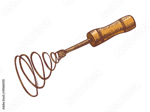 Hand drawn vintage sketch of spiral wire whisk with wooden handle in color, isolated kitchen utensil illustration