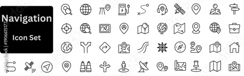 Navigation line icon set contains Navigation, geolocation, map, map pin, gps, path, route, distance, destination, directions, street, road, position and more. Outline icons set. 