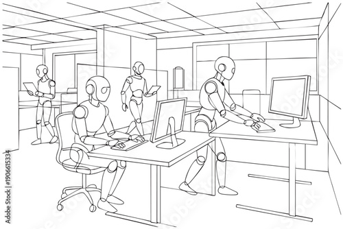 interior outline sketch drawing office place with robots workers