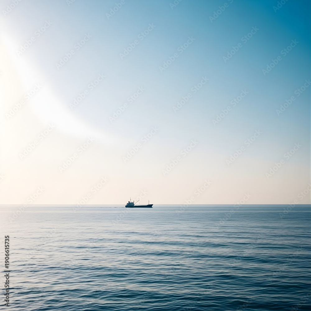 Obraz premium Serene ocean with distant ship sailing.