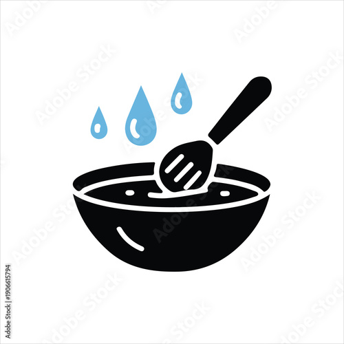 Black bowl with spoon stirring liquid and blue water drops falling vector illustration