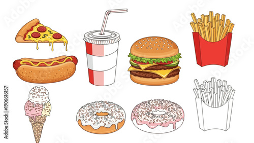 Collection of delicious fast food items and desserts.