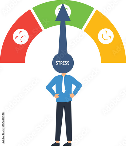 Stress level measurement gauge happy businessman employee wellness indicator mental health assessment scale meter dashboard performance management low stress concept good mood rating system
