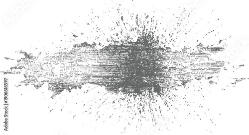 Grey ink splatter explosion with horizontal lines texture on white background burst