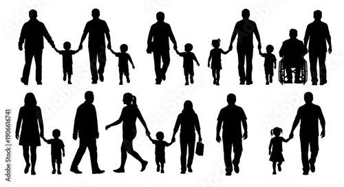 Connected Paths: A silhouette portrayal of families, encompassing diverse figures, forging ahead hand-in-hand, symbolizing unity and interconnectedness.